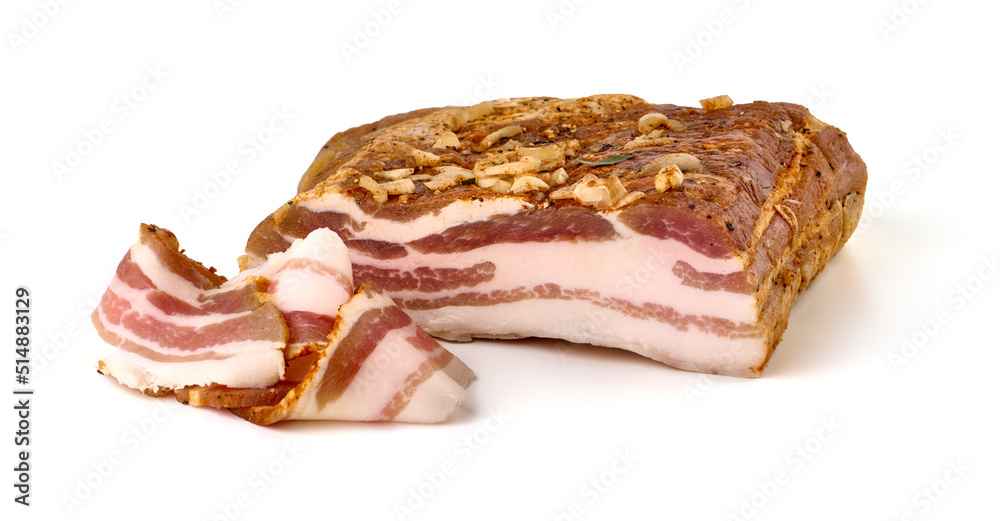 Homemade Bacon, dry cured and air dried, pork belly, smoked pork meat, delicacy food in Ukrainian cuisine, isolated on white background. Homemade Bacon, dry cured and air dried, pork belly, smoked pork meat, delicacy food in Ukrainian cuisine, isolated on white background.