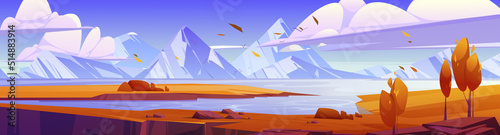 Cartoon autumn landscape, beautiful nature background with mountains, orange trees, clear lake with rocky shore under blue sky with clouds, scenery fall woodland panoramic view, Vector illustration