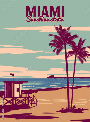 Miami Beach Vintage Poster. Beach, palm, coast, surf, ocean. Vector illustration