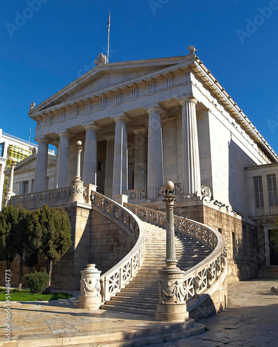 The National Library neoclassical building facade under clear blue sky. Travelling in Athens, Greece.