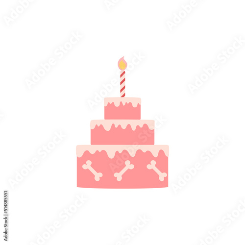 Pink tasty candle cake with bones for pet birthday flat style