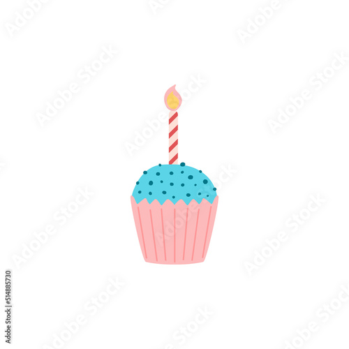Birthday cupcake with candle flat style, vector illustration