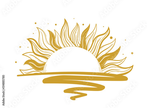 Golden sun with rays dissolves in water icon. Mystical boho sticker, vector hand drawing, artline. Symbol for the witch, astrology, prediction of the future.