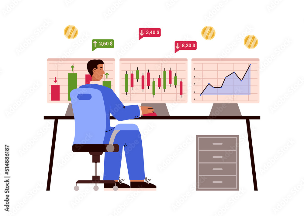 Male trader checking stock exchange graphs on multiple computer screens, flat vector illustration isolated on white.