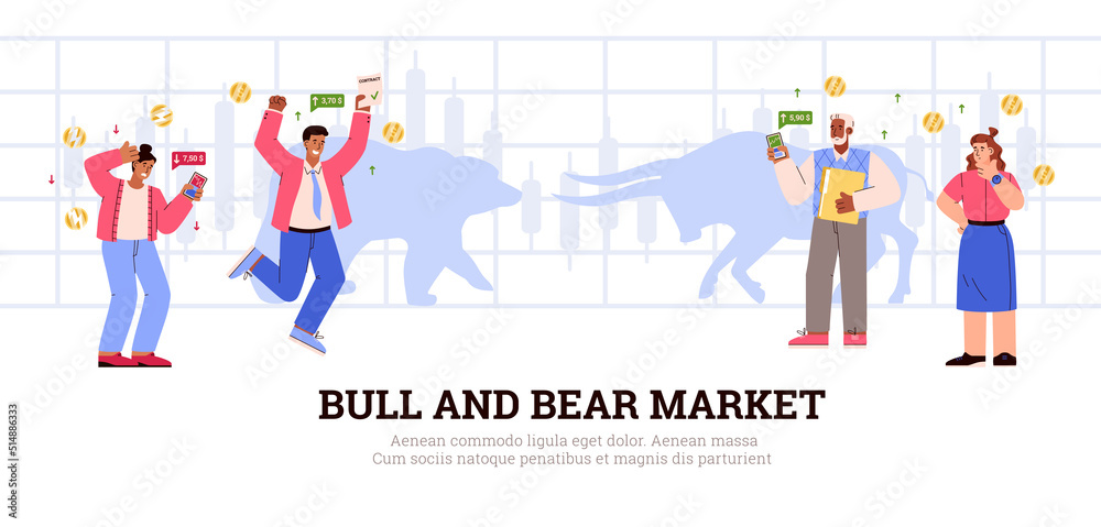 Bull and bear market concept, traders gain and lose money, banner with text - flat vector illustration. Bull and bear market concept, traders gain and lose money, banner with text - flat vector illustration.