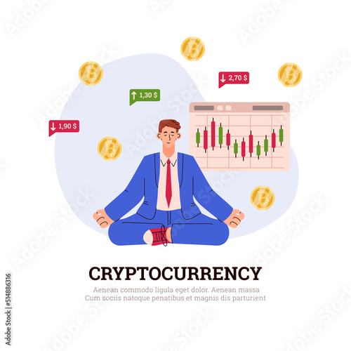 Cryptocurrency trader watching growing passive income flat vector illustration.