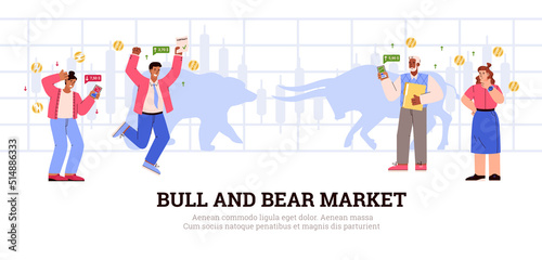 Bull and bear market concept, traders gain and lose money, banner with text - flat vector illustration.