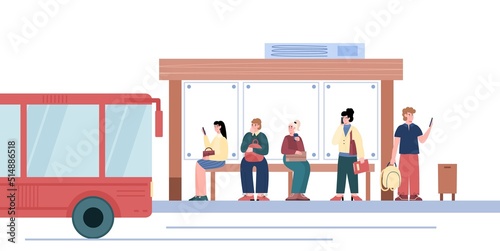 Passengers waiting for transport at bus stop flat style