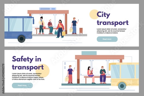 City public transport banners or flyers set, flat vector illustration.