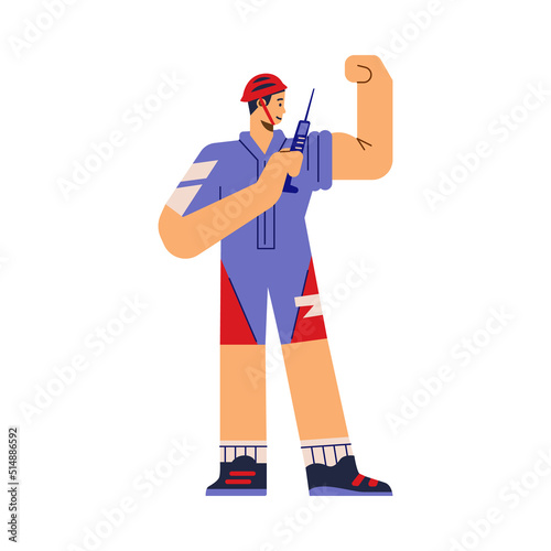 Professional cyclist injection doping with syringe, flat vector illustration isolated on white background.