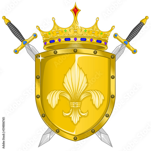Crowned heraldic shield with lily flower and two swords. heraldic shield of the middle ages