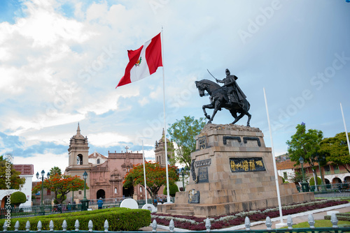Fotografie Peruvian flag red and white July 28, independence of Peru