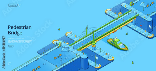 Canvastavla Pedestrian bridge poster with isometric architecture construction over river, canal or bay