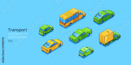 Transport banner with isometric cars, truck and bus. Vector horizontal poster with flat illustration of passenger automobiles, minibus and cargo vehicle isolated on blue background