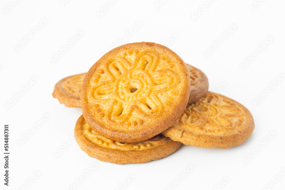 Cookies on white background. Danish butter cookie isolated on white background. homemade chips  cookies, top view, copy space for text.