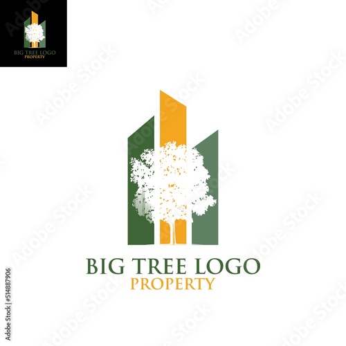 BIG TREE REAL ESTATE LOGO, silhouette of great bulding and tree vector illustrations