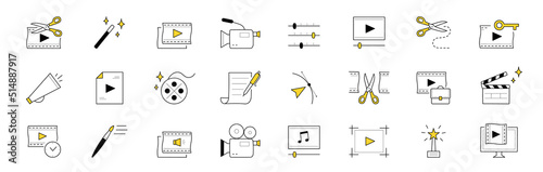 Video edition doodle icons vector set. Film, scissors, magic wand and camcorder. Sliders, key, loudspeaker, play button and reel. Pen with paper, arrow, briefcase, brush, music app, award and monitor