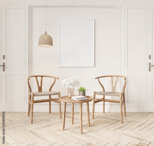 Mock white frame and background in a simple Scandinavian living room with chair set.3d rendering