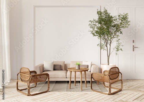 Scandinavian minimalist living room interior background with blank white wall and sofa set.3d rendering