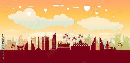 Travel landmark of Indonesia skyline in silhouette vector isolated cityscape.