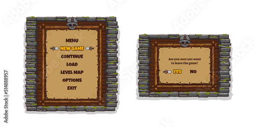 Game menu frame with buttons, medieval helmet, stone wall and wooden board. Vector cartoon set of 2d ui elements for fantasy mobile or computer game, menu and exit banners