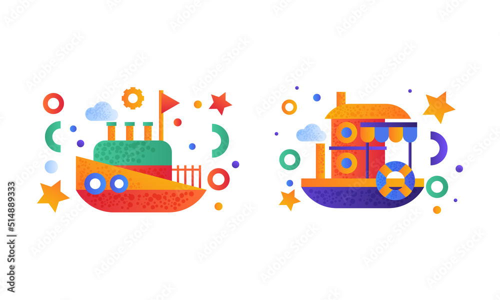 Flat Ship and Sea Vessel Colorful Icon as Seafaring and Marine Cruise Vector Set Flat Ship and Sea Vessel Colorful Icon as Seafaring and Marine Cruise Vector Set