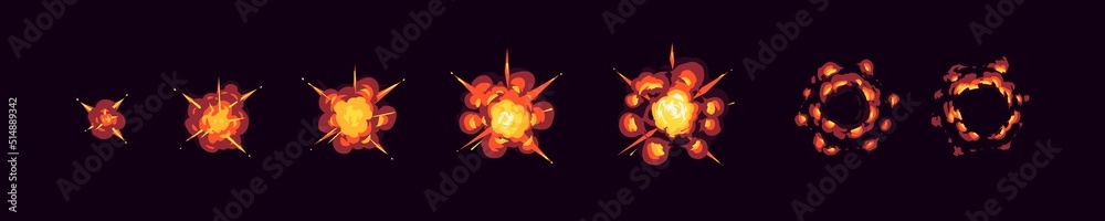 Animation sprite sheet of bomb explosion sequence. Vector 2d cartoon set of blast effect from dynamite or rocket hit, burst with fire isolated on black background