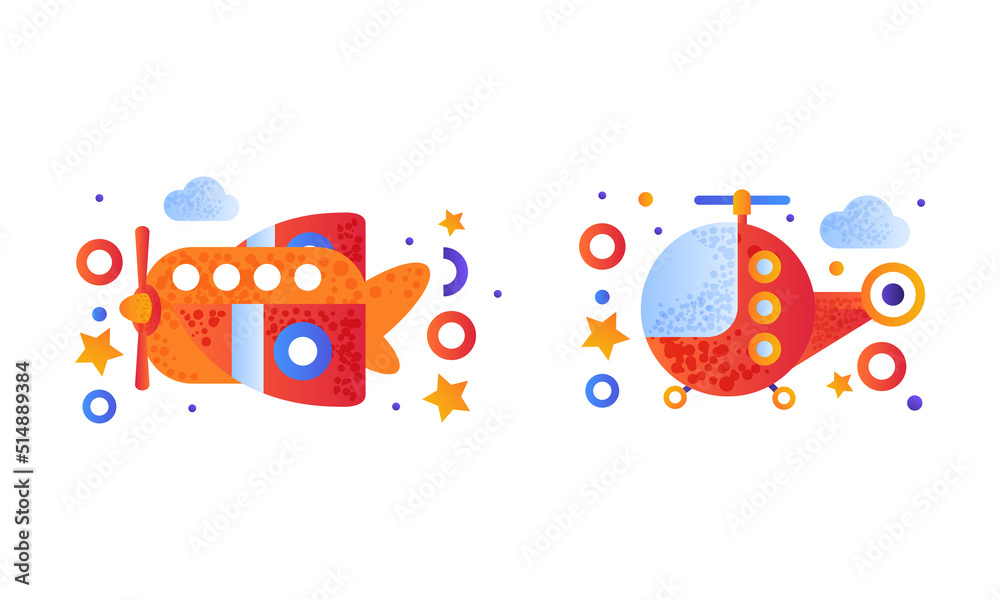 Naklejka premium Aero Vehicle Icon with Plane and Helicopter Colorful Pictogram Vector Set
