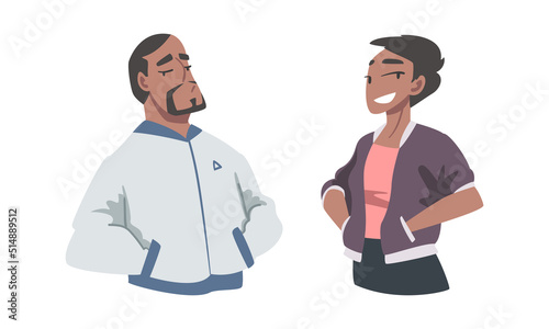 Confident Young Man and Woman Standing with Hands on Hips Expressing Self Pride Vector Set