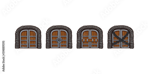 Medieval wooden doors in old house, castle or dungeon. Vector cartoon set of game icons of ancient wood gates with stone brick wall closed by padlock, hasp and chains isolated on white background