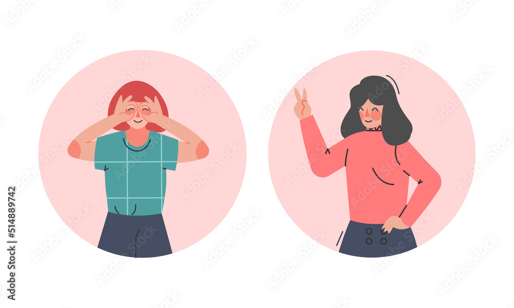 Happy Female Showing V Sign and Binoculars Positive Hand Gesture in Circular Frame Vector Set Happy Female Showing V Sign and Binoculars Positive Hand Gesture in Circular Frame Vector Set