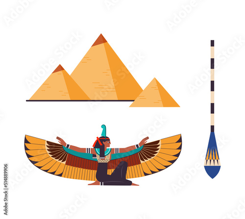 Isis as Goddess in Ancient Egyptian Religion and Pyramid as Egypt Symbol Vector Set