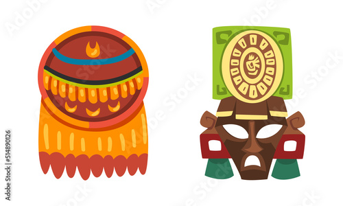 Maya Civilization Ethnic Symbols with Shaman Shield and Wooden Carved Mask Vector Set