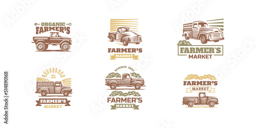 Farmer market posters with vintage pickup truck drawing in etching style. Vector flyers set with engraving illustrations of classic farm car, rustic lorry isolated on white background