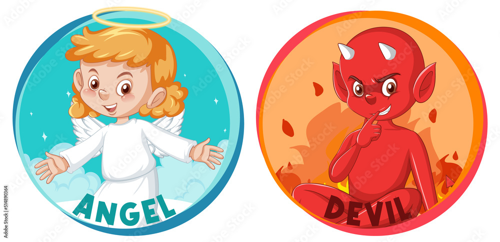 Devil and angel cartoon character on white background