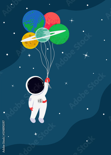 Astronaut floating with planets like balloons in cute flat cartoon style. Vector illustration for kids birthday party 5x7 invitation card design, poster, cover, copy space for your text.