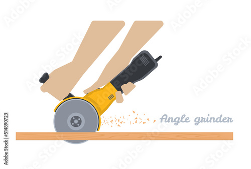 Hands holding angle grinder with steel toothed disc. Power tool at work. Construction, carpentry woodwork building equipment in flat style. Vector illustration of electric working instrument.