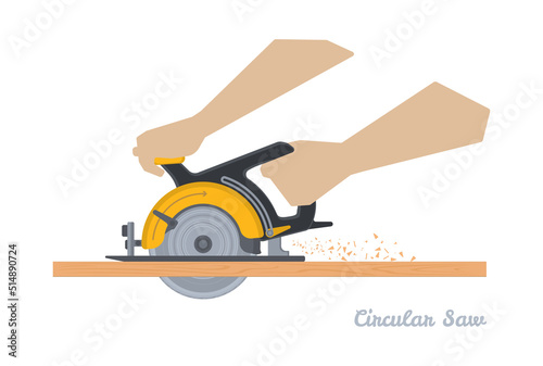Hands holding circular saw with steel toothed disc. Power tool at work. Construction, carpentry woodwork building equipment in flat style. Vector illustration of electric working instrument.