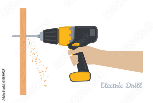 Hands holding electric drill. Power tool at work. Construction, carpentry woodwork building equipment in flat style. Vector illustration of electric working instrument.
