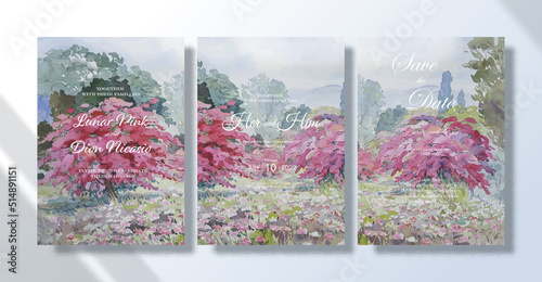 Wedding invitation card set watercolor landscape paintings paper flowers tree.