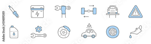 Car service doodle icons, vector signs spark plug, accumulator, hand with wrench and wheels. Auto on elevator, warning sign, fuel station, lubricator with oil and gears. Line art vector illustrations
