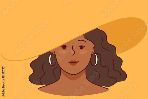 Happy confident African American woman wearing summer hat. Smiling biracial girl in headwear. Vector illustration. 