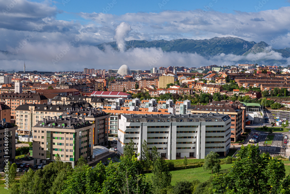 City of Oviedo from the Pista Finlandesa with the mountains in the background, Asturias, Spain.