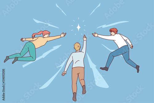 People reach for diamond. Colleagues or employees strive for shared goal achievement. Businesspeople catch new business opportunities. Motivation and ambition. Vector illustration. 