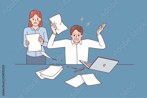 Furious boss yelling lecturing scared female secretary in office. Man businessman stressed at workplace scolding employee throwing papers. Vector illustration. 