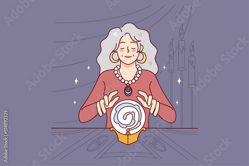 Female witch with magical crystal ball predicting future. Woman fortune teller reading destiny in dark room. Magic and superstition. Vector illustration. 