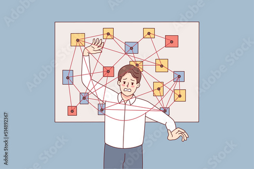 Unhappy man feel stressed with overwhelming work tasks and issues. Confused male employee frustrated with schedule and plans. Time management concept. Vector illustration. 