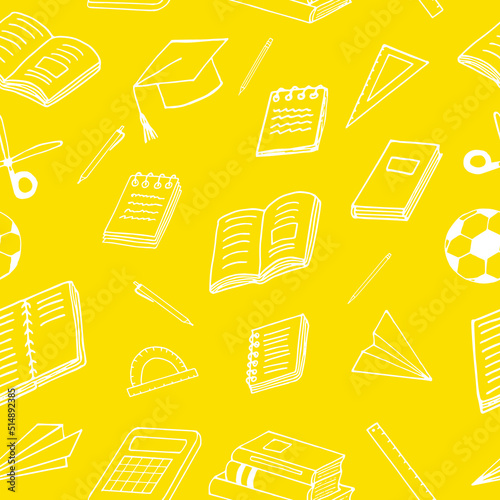 back to school seamless pattern. hand drawn doodle. vector, minimalism, cartoon. stationery, books, notepads, notebooks, ball, paper airplane, rulers, scissors, graduate cap. education, wallpaper, 