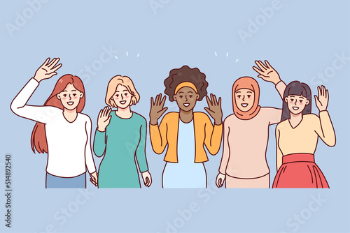 Happy diverse women waving hands showing international friendship and unity. Smiling multiethnic girlfriends group. Diversity concept. Vector illustration. 