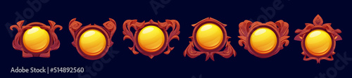 Game level or avatar frames, ui icons, buttons, ranking badges or banners with yellow glossy crystal plank and wooden bordering decor. Isolated award or bonus Vector graphic elements for rpg 2d design